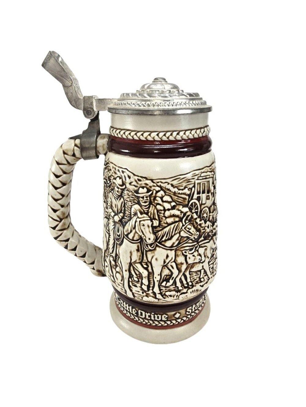 Vintage Avon Beer Stein Cattle Drive Chuck Wagon Scene Pewter Lid JE380